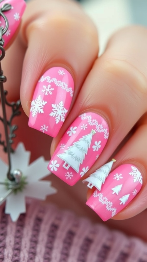 Close-up of pink Christmas sweater nails with snowflakes and trees design.